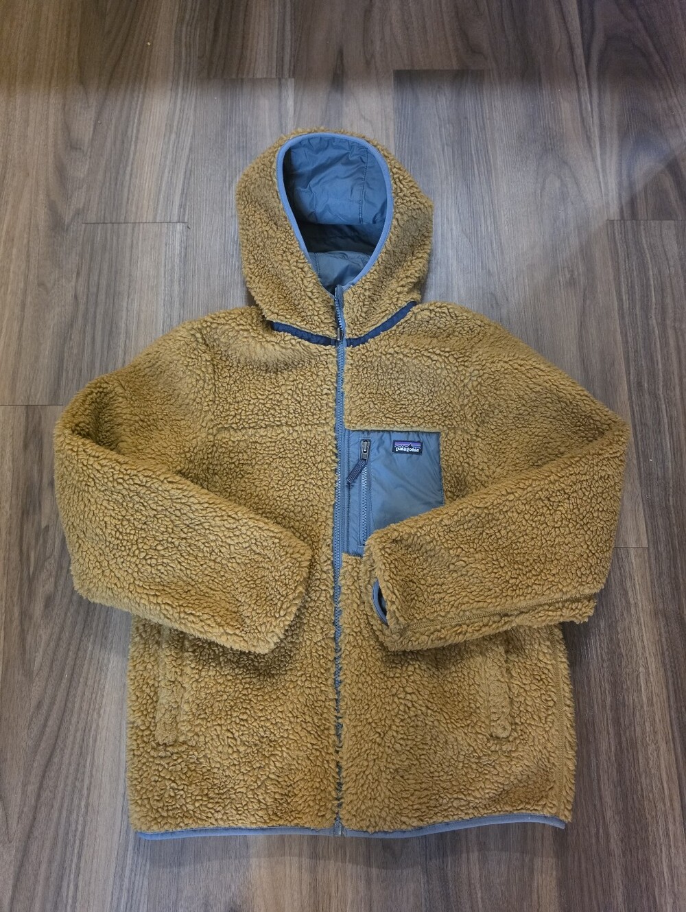 Patagonia Reversible Hooded Jacket Tan Fleece Blue Quilted Puffer Small